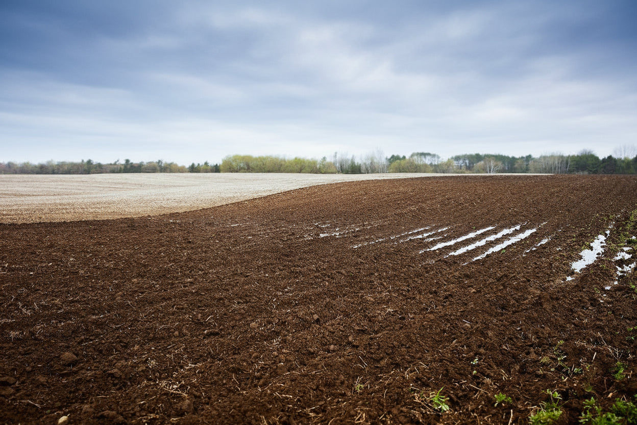 Plowed field with a line of trees in the background