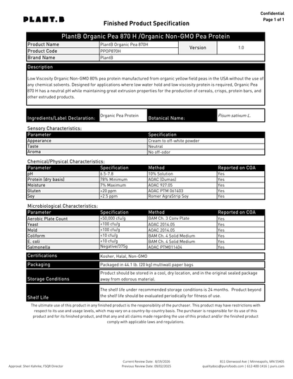 Organic P870 Hydrolyzed (OP870H) specification sheet