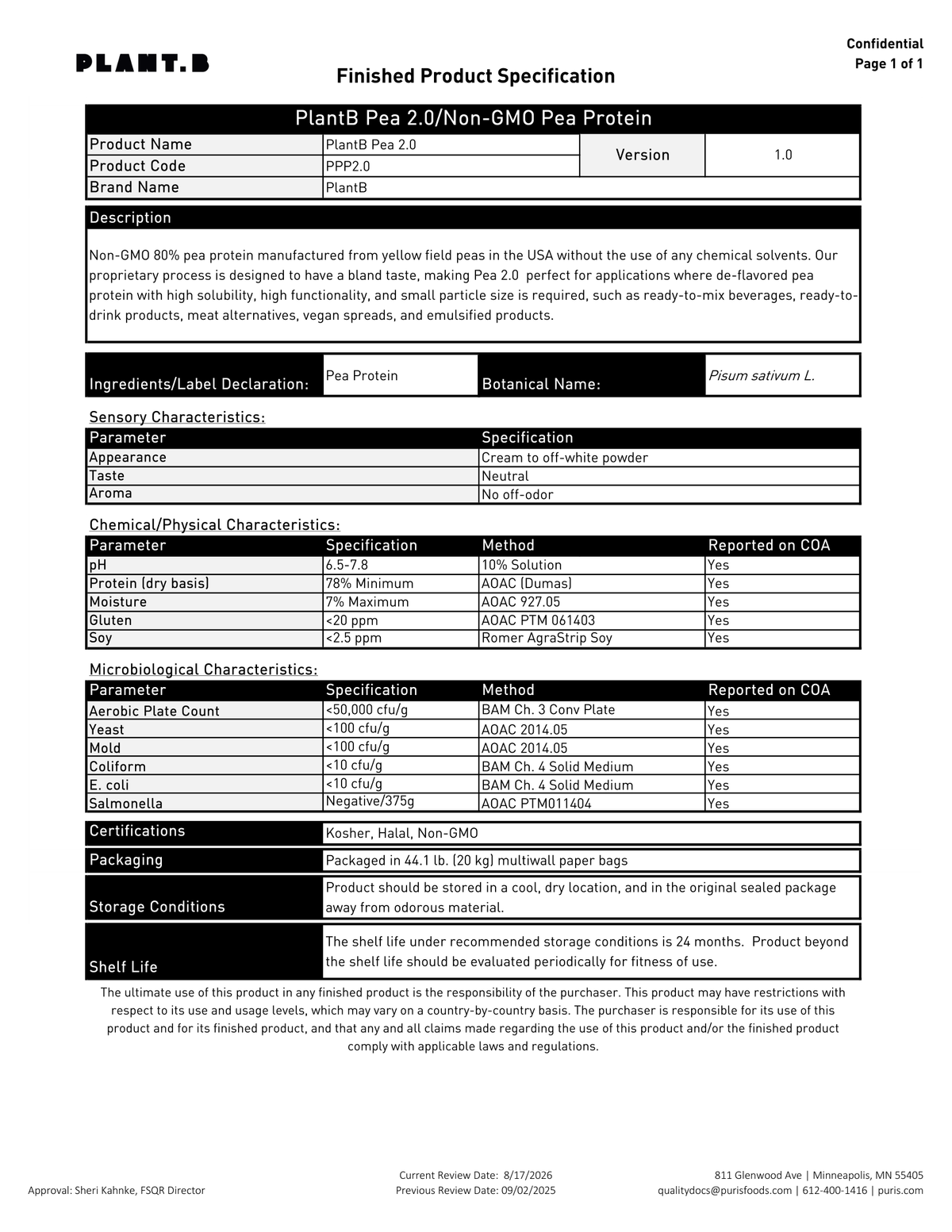 P2.0 specification sheet