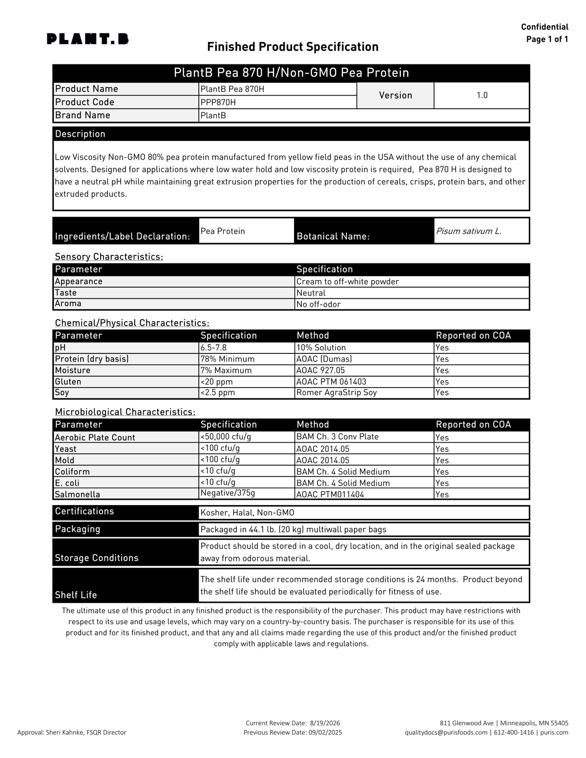 P870 Hydrolyzed (P870H) specification sheet
